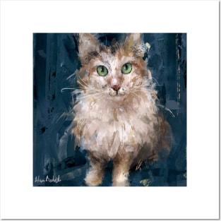 A Grungy Painting of a White and Brown Cat Posters and Art